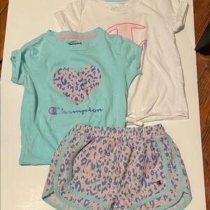 Champion Toddler Girl 4T Aqua & White Heart Leopard Matching Set Short Sleeve